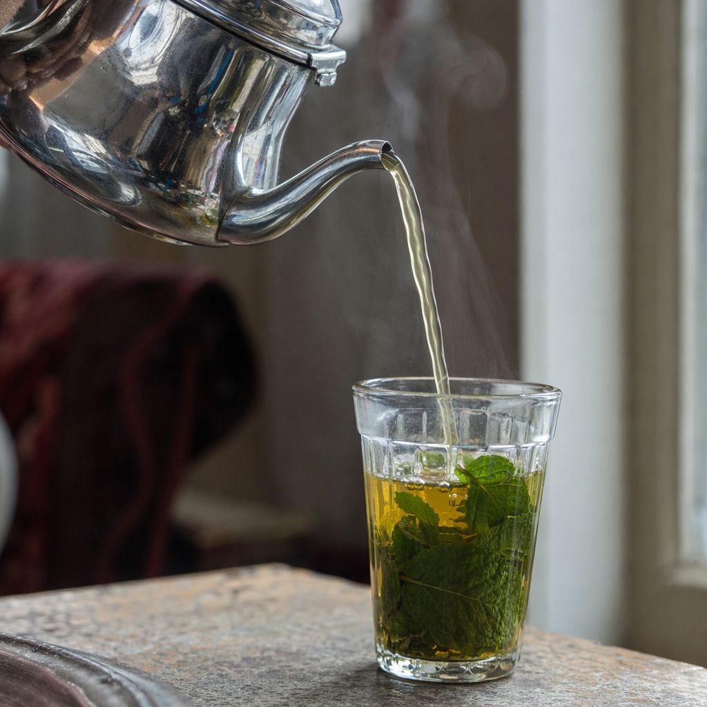 Thé à la menthe versé de haut dans un verre, filet de thé en léger flou de mouvement.