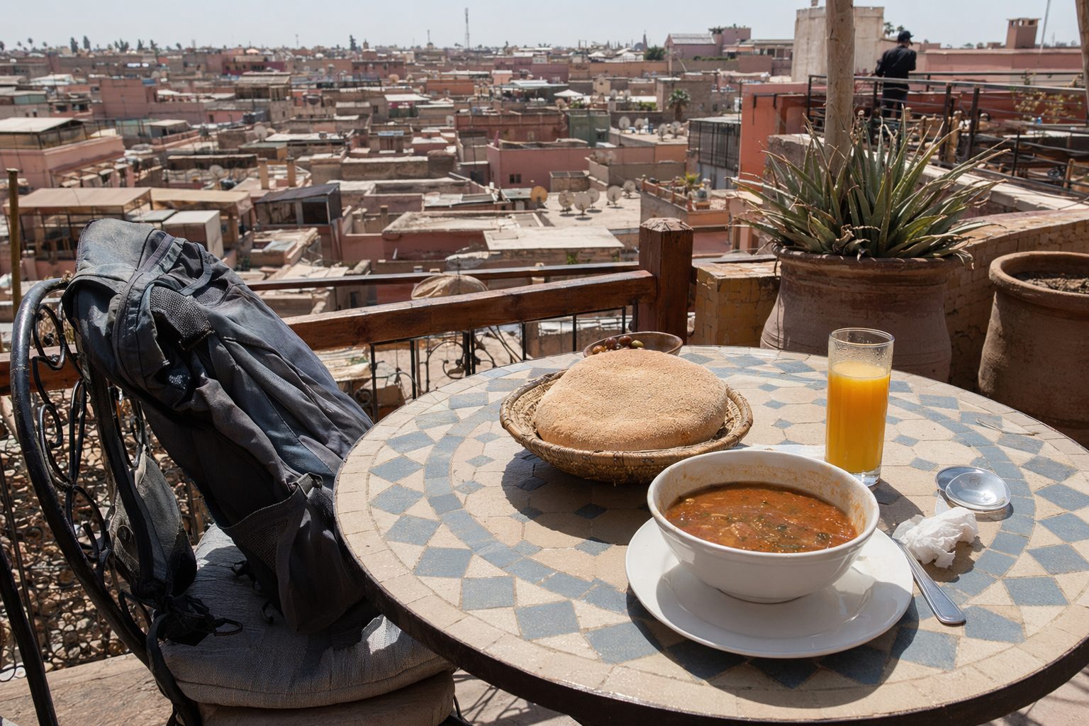 Bol de harira, pain et jus d'orange sur une table de rooftop de la médina de Marrakech en plein midi
