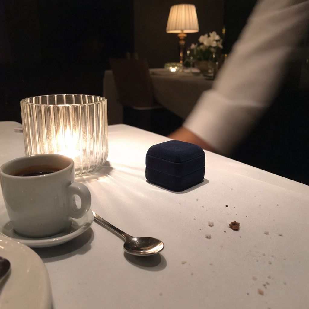 Petit écrin fermé posé sur une nappe blanche à côté d'un café, entre deux services