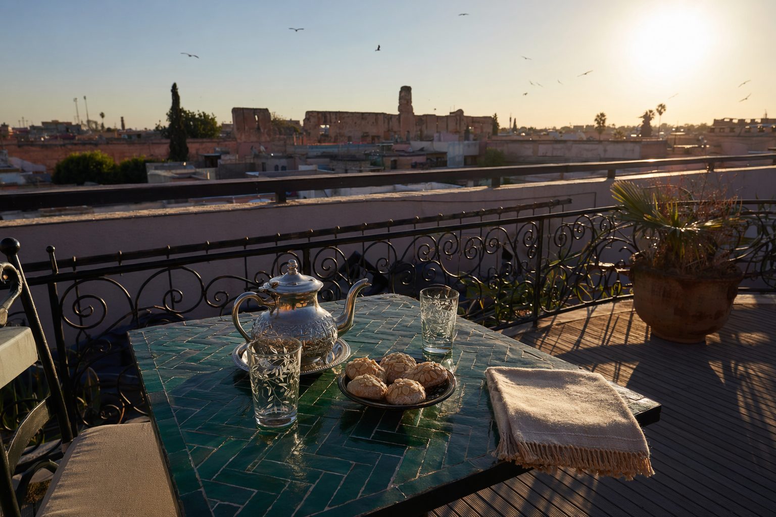 Table pour deux avec théière d'argent et pâtisseries au bord d'un rooftop, toits de Marrakech avant le coucher du soleil
