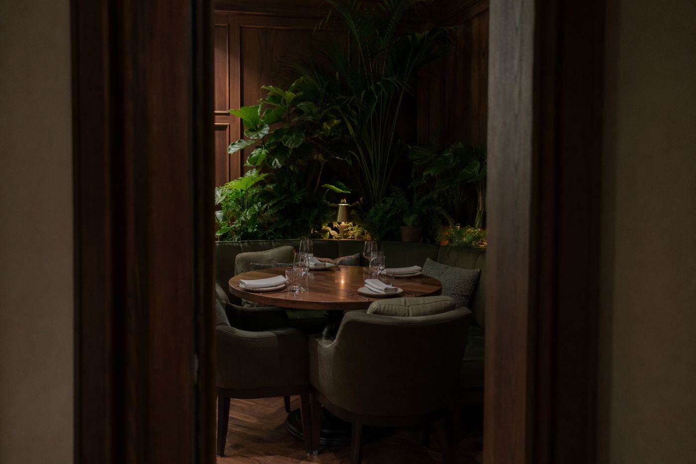 Coin calme d'une salle en bois et plantes vu à travers une porte, table pour quatre à l'écart