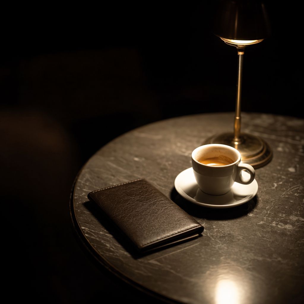 Porte-addition en cuir fermé posé au coin d'une table près d'un espresso terminé, sous une petite lampe