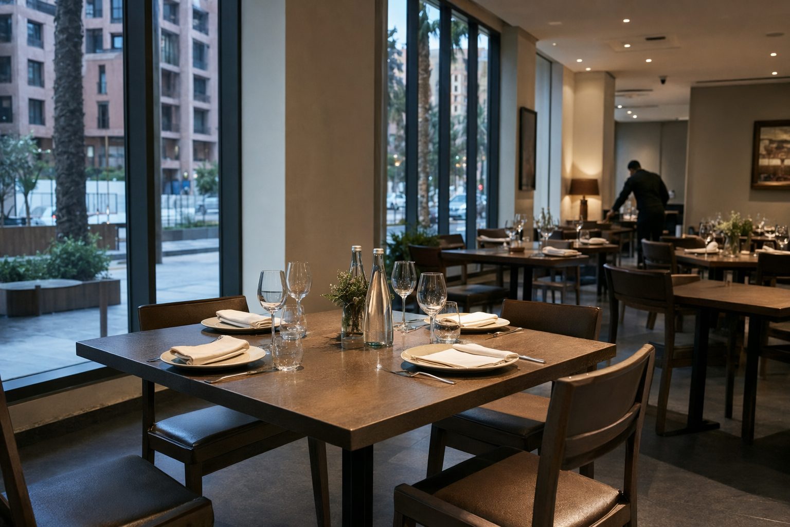 Table pour quatre dressée dans une salle contemporaine calme en début de soirée, serveur au loin