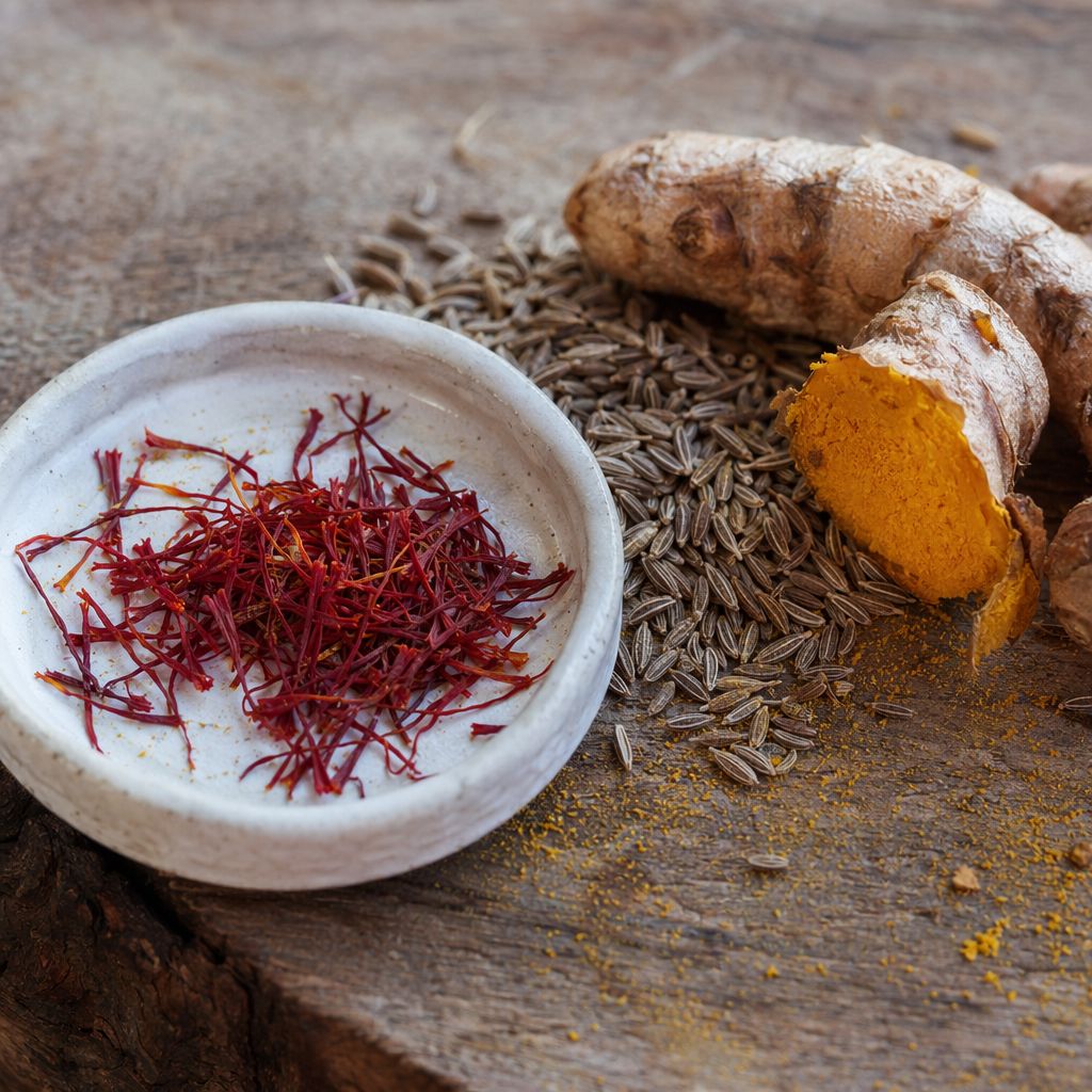 Filaments de safran rouge dans une coupelle, graines de cumin et curcuma frais sur une planche en bois.