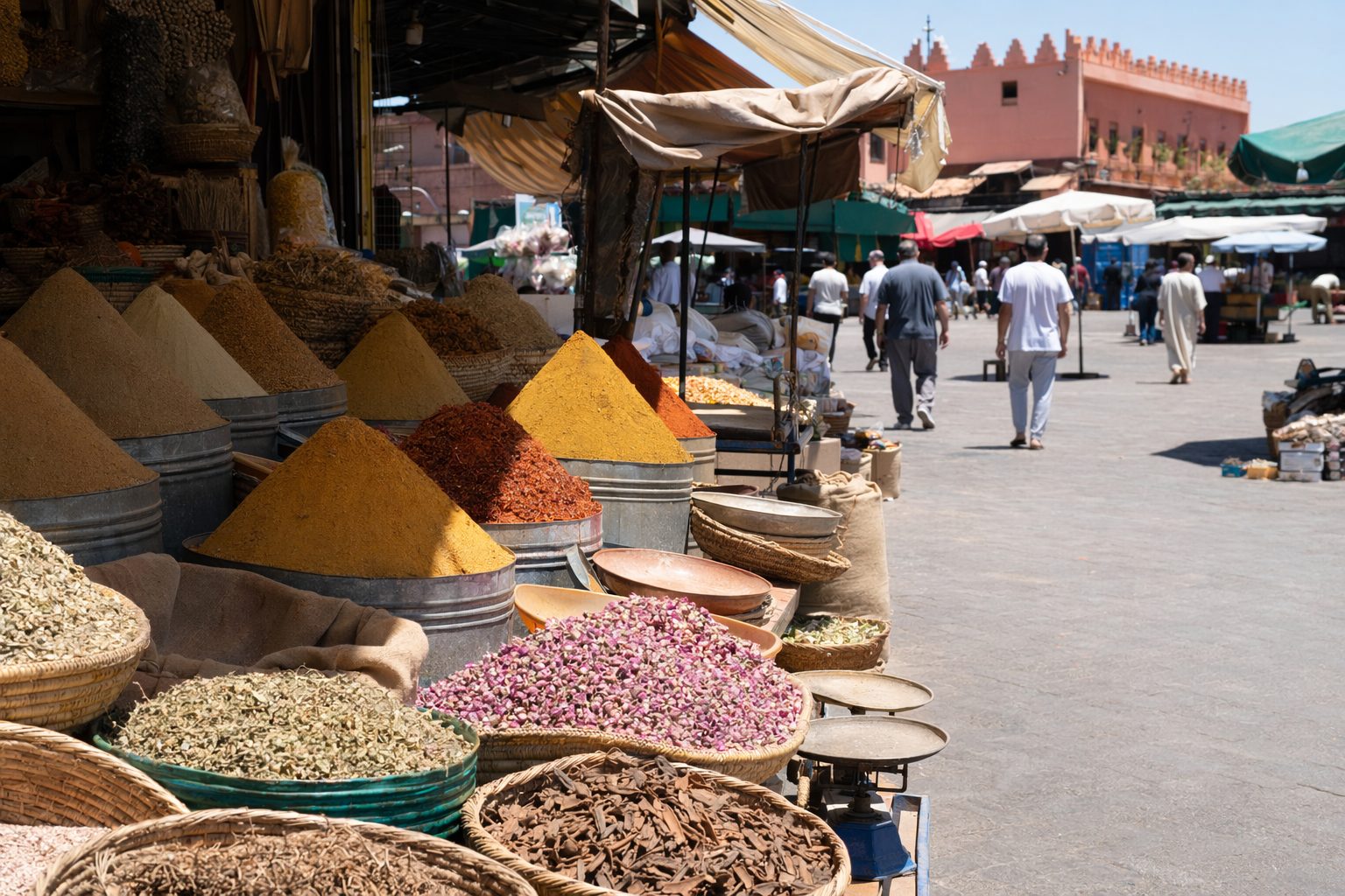 Pyramides d'épices et paniers d'herbes séchées sur la place Rahba Kedima en plein soleil de midi.