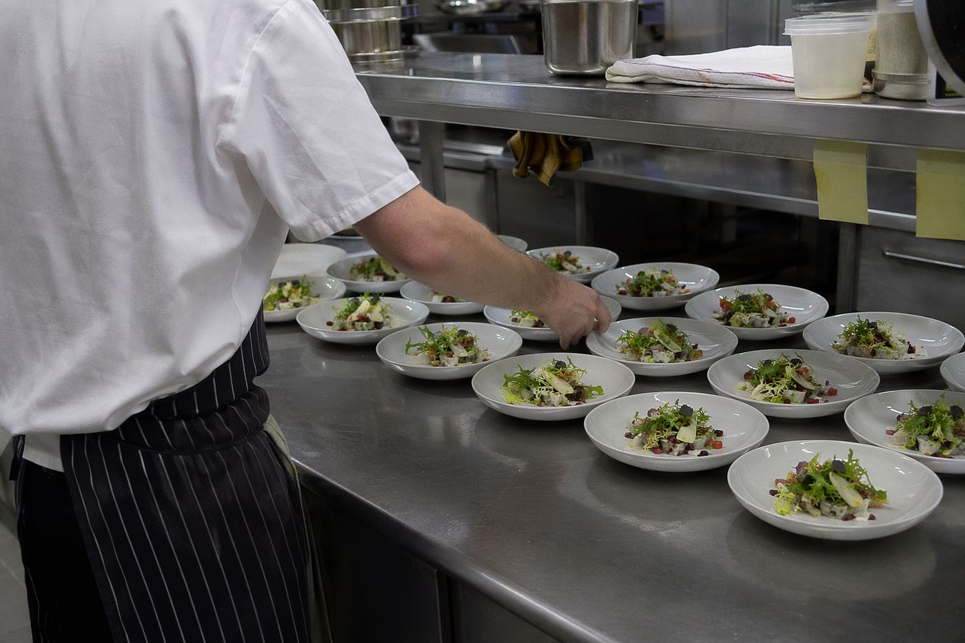 Rangée d'entrées identiques alignées sur le passe d'une cuisine, mains d'un cuisinier ajustant les assiettes