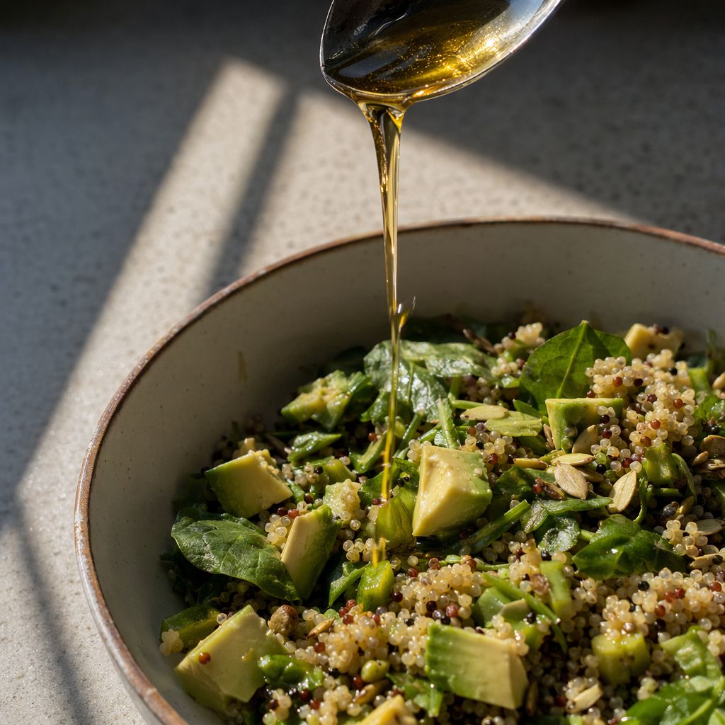 Filet d'huile d'argan ambrée versé à la cuillère sur une salade, saisi en plein mouvement.
