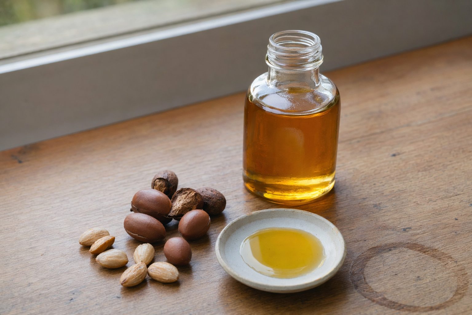 Bouteille d'huile d'argan ambrée sans étiquette, soucoupe d'huile et noix d'arganier sur une table en bois.