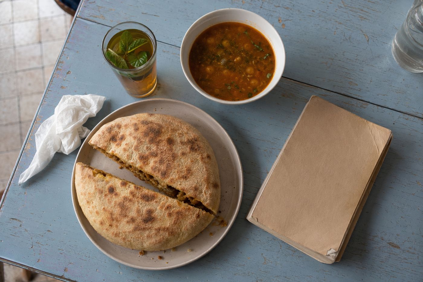 Déjeuner simple vu de dessus : galette fourrée, harira et thé à la menthe sur une table de café