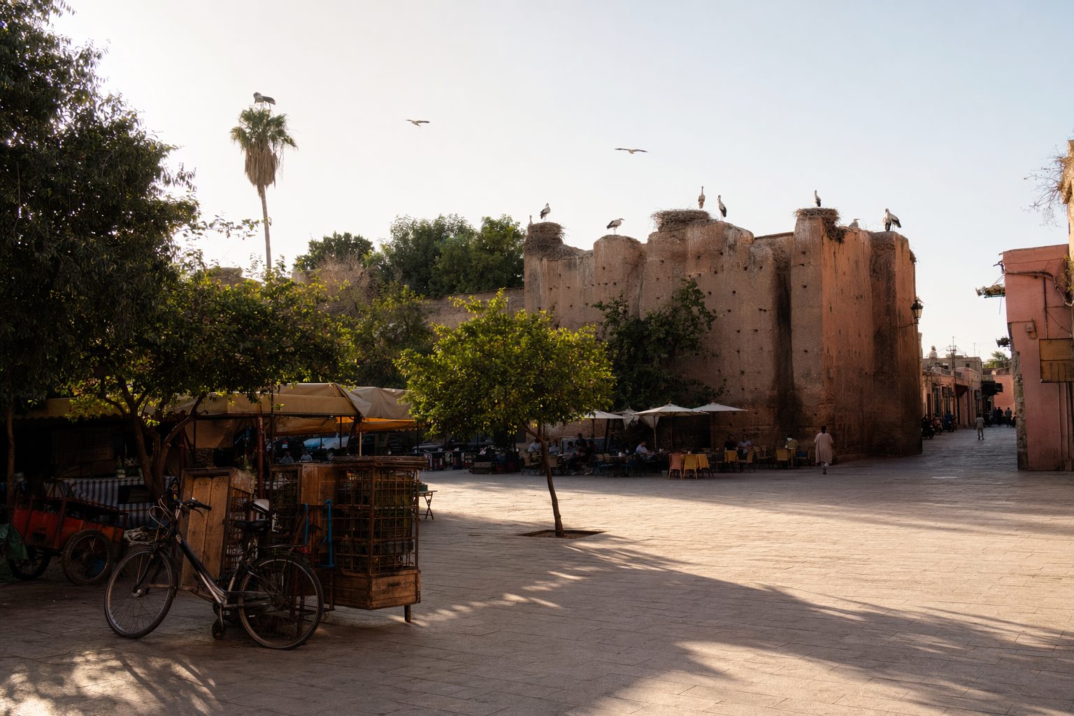 Place de la Kasbah en fin d'après-midi, terrasses et cigognes nichées sur les remparts
