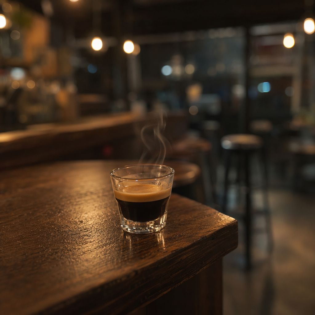 Espresso fumant posé au coin d'un comptoir de café le soir, tabourets vides flous en arrière-plan