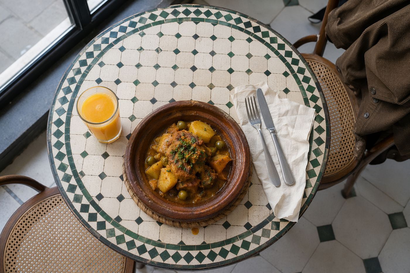 Vue de dessus d'un repas pour une personne : tajine, jus d'orange et couverts uniques sur une petite table