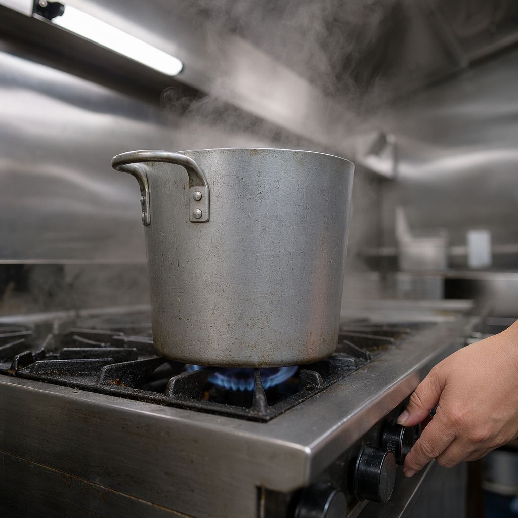 Flamme de gaz coupée sous une marmite en fin de service, lumière froide de cuisine