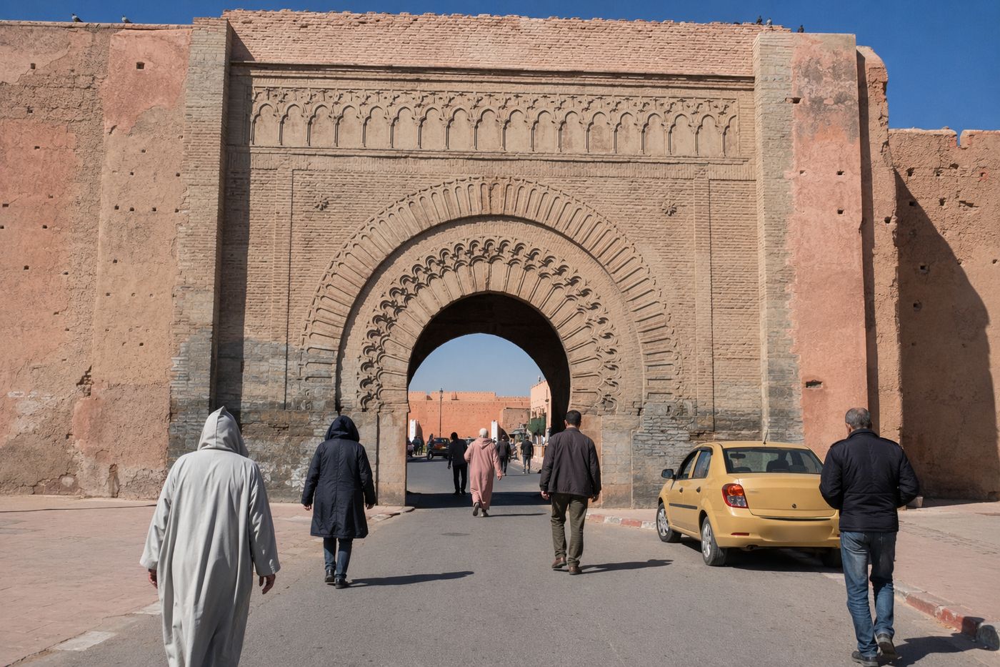 Porte des remparts de Marrakech sous le soleil de midi, piétons au loin dans l'ombre de l'arche.