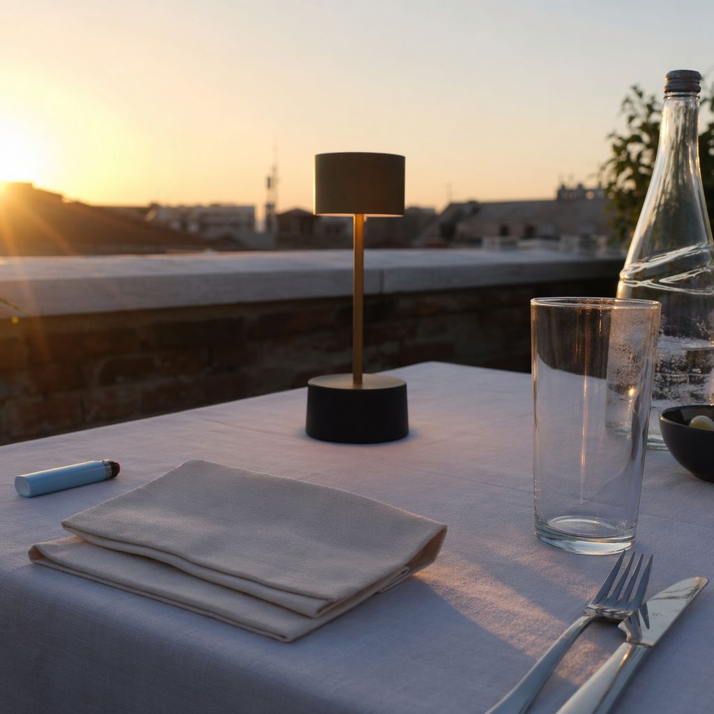 Couvert dressé sur une table de terrasse en fin d'après-midi, ombres longues avant le coucher du soleil
