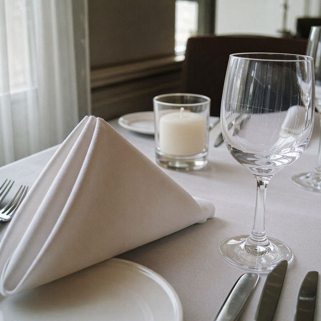 Gros plan d'une table neuve dressée avant le premier service, serviette pliée et bougie éteinte.