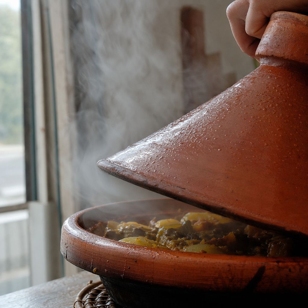 Gros plan sur la vapeur s'échappant d'un tajine en terre cuite au moment où le couvercle se soulève.