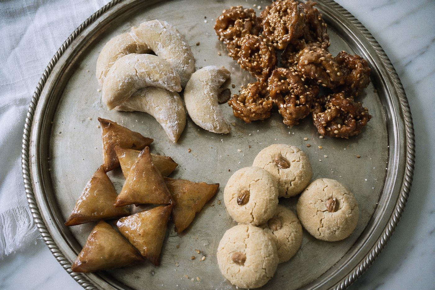 Vue du dessus des quatre pâtisseries classiques : corne de gazelle, chebakia, briouate au miel et ghriba.