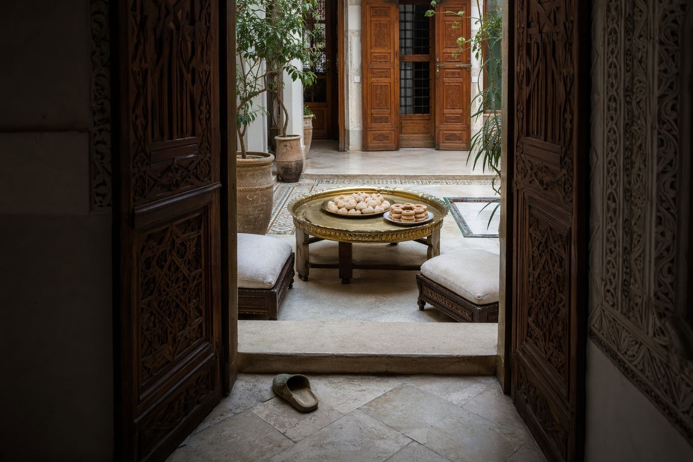 Patio de riad vu à travers une porte en cèdre, table basse avec cornes de gazelle et m'hancha en spirale.