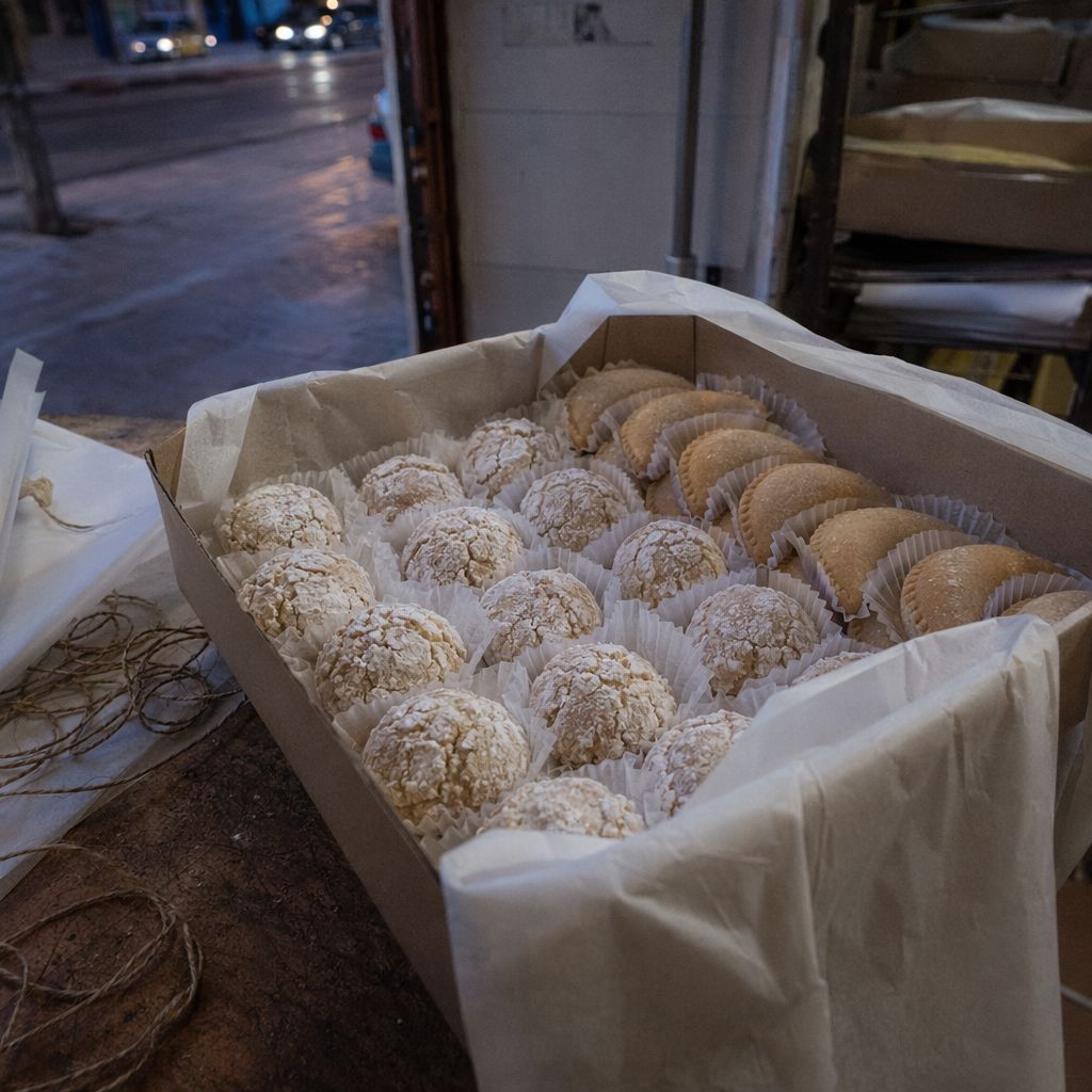 Cornes de gazelle et ghribas rangées dans une boîte en carton ouverte sur un comptoir, ficelle à côté.