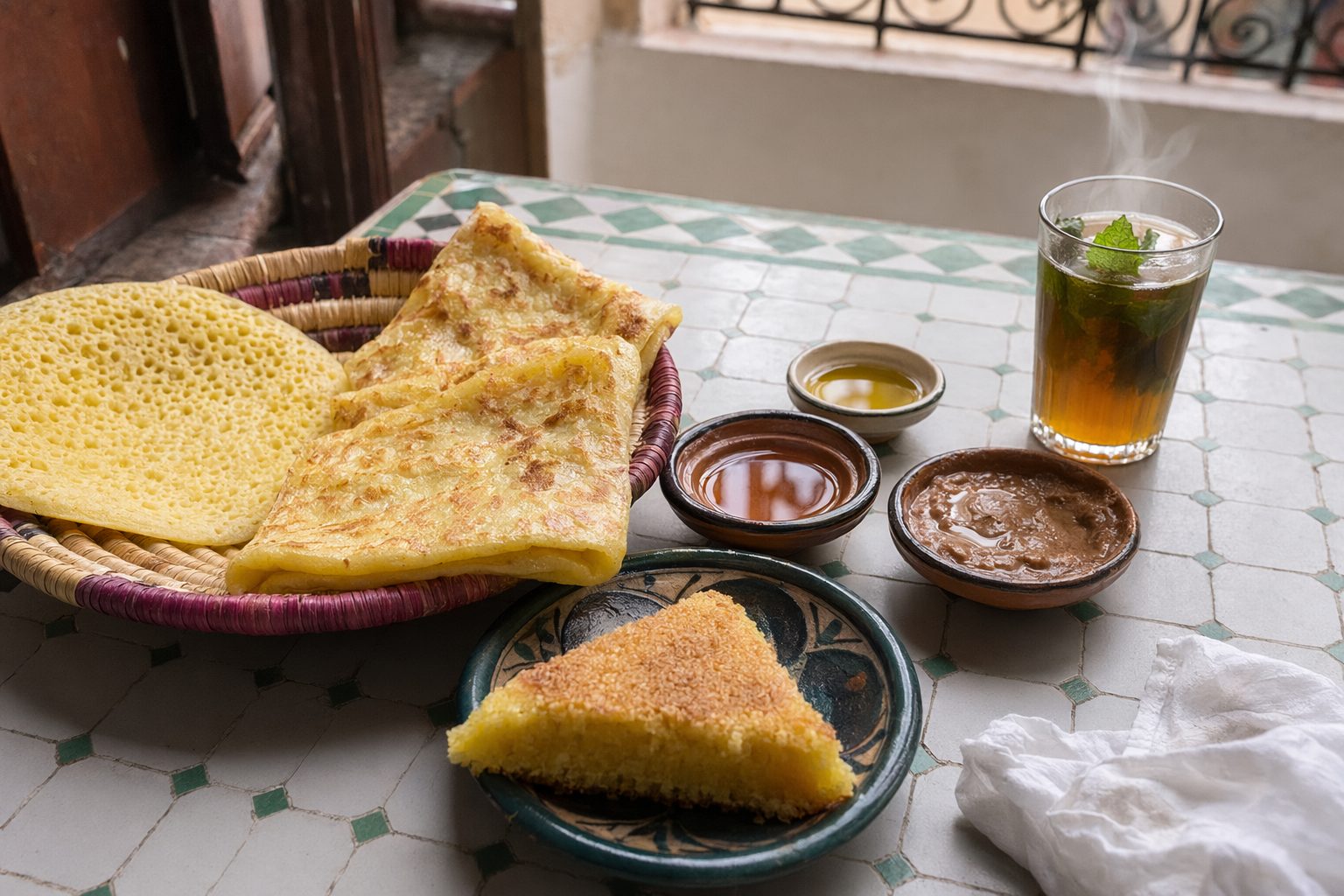 Table de petit-déjeuner marocain : msemen, beghrir, harcha, bols de miel et d'amlou, verre de thé à la menthe fumant.