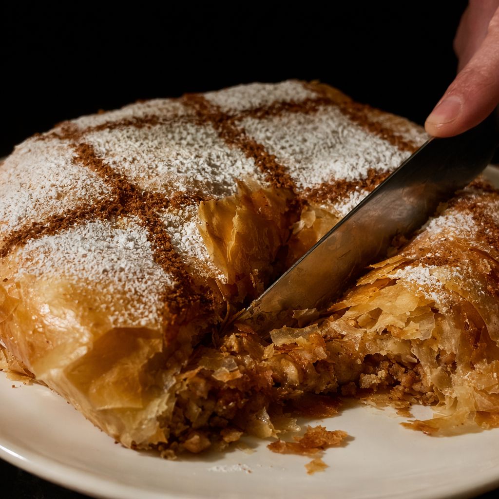 Gros plan sur une pastilla au poulet entaillée au couteau, feuilles croustillantes brisées et sucre glace