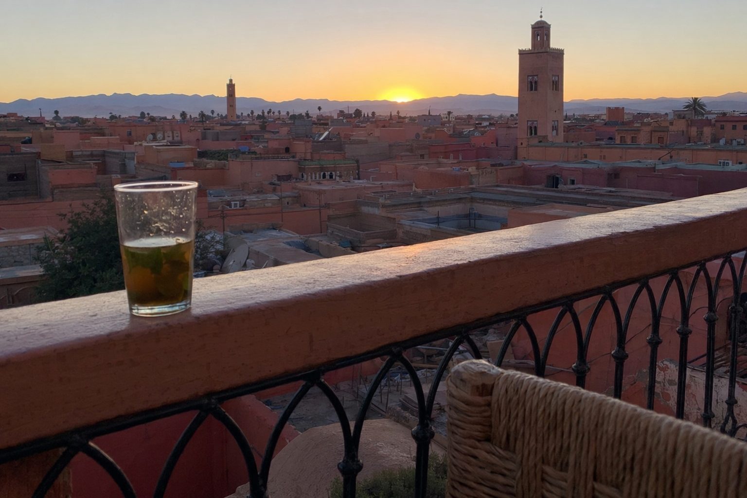 Verre de thé sur le rebord d'un rooftop face aux toits de Marrakech, minarets et Atlas au coucher du soleil