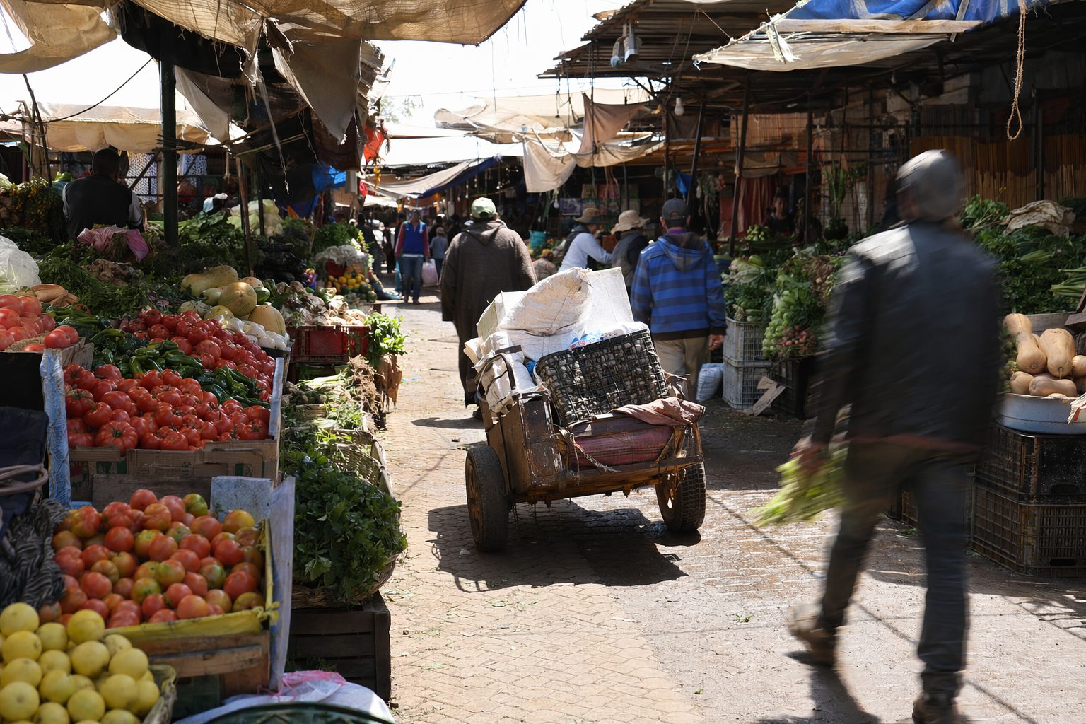 Allée de marché à Marrakech débordant de caisses de légumes, d'herbes et d'agrumes sous le soleil de midi.