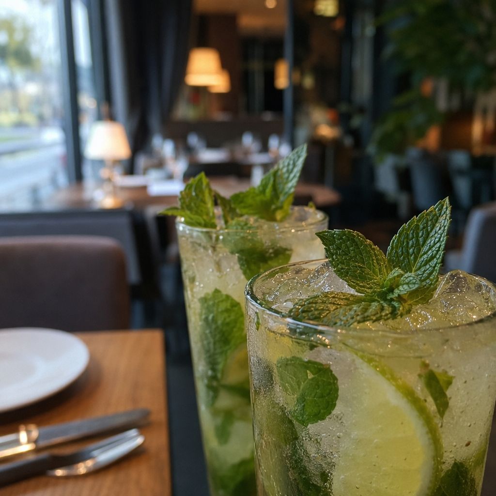 Deux mocktails à la menthe tout juste servis sur une table dressée, salle encore vide et floue en arrière-plan