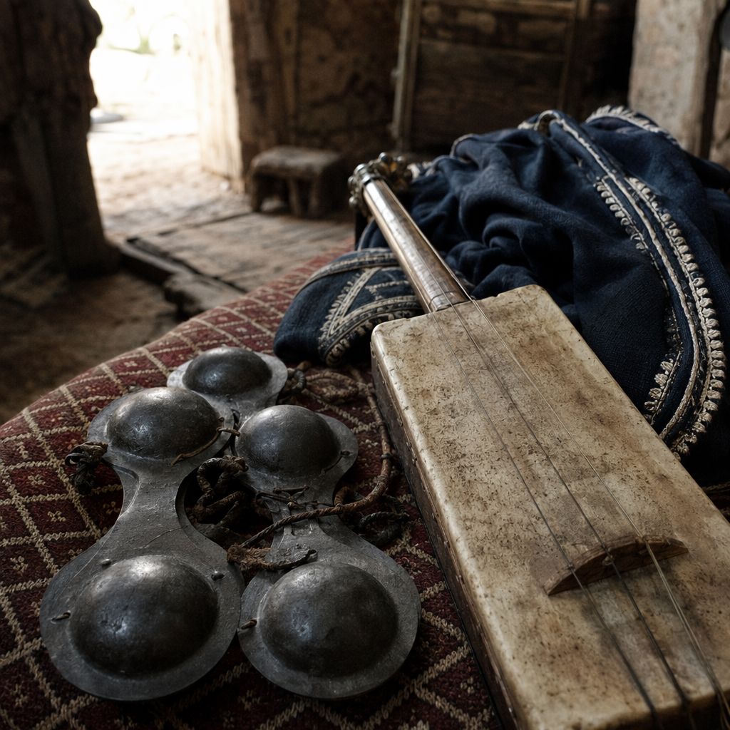Crotales métalliques karkabou et guembri posés sur un coussin dans la pénombre d'un salon.