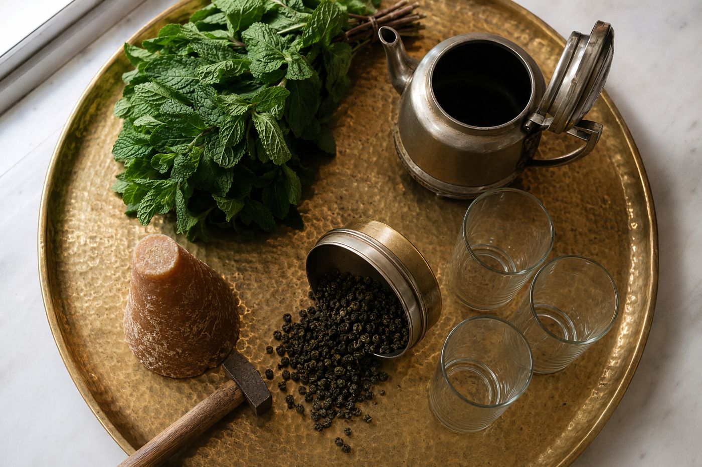 Plateau vu du dessus : théière, gros bouquet de menthe, pain de sucre conique, thé gunpowder et verres vides.
