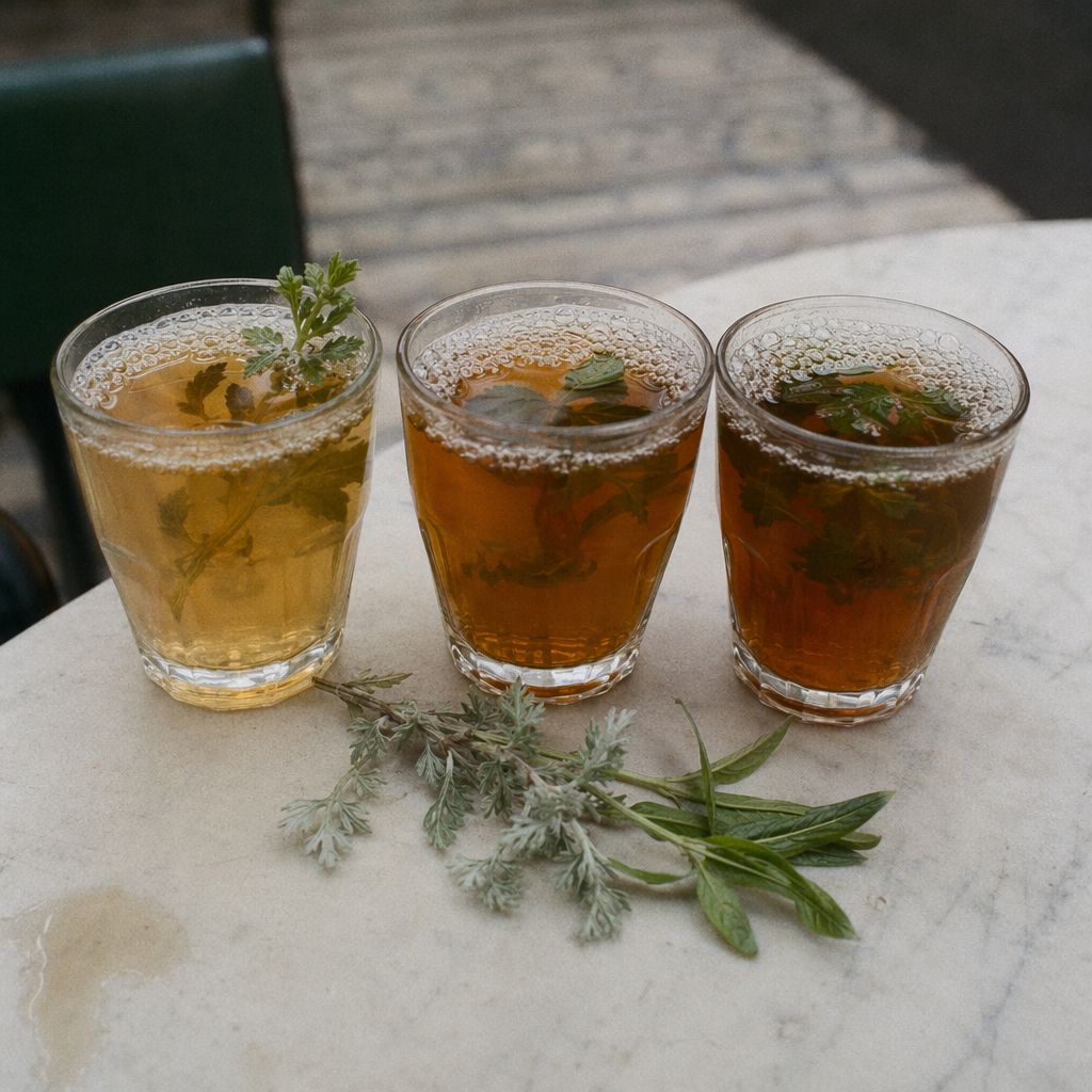 Trois verres de thé à la menthe aux teintes différentes, brins de chiba et de verveine posés entre eux.