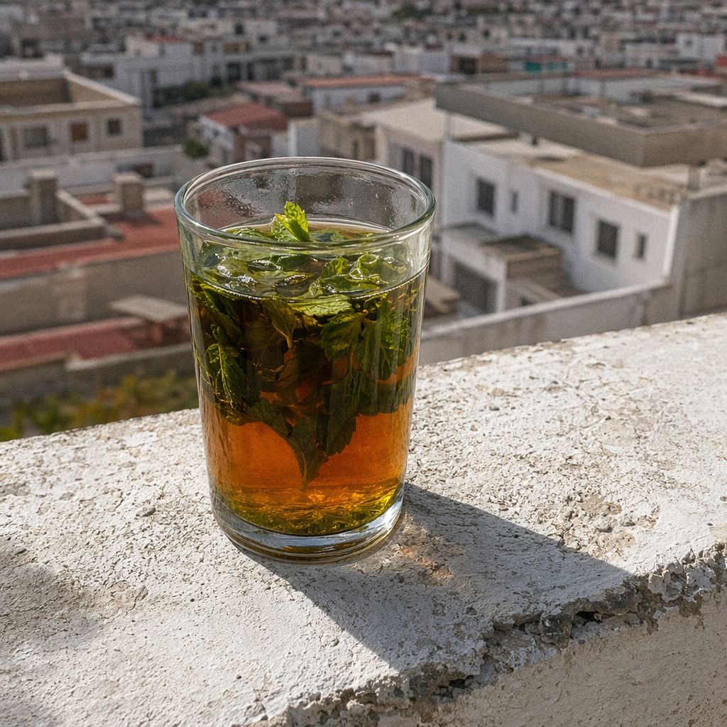 Gros plan d'un verre de thé sur le rebord d'un toit sous un soleil dur de midi.
