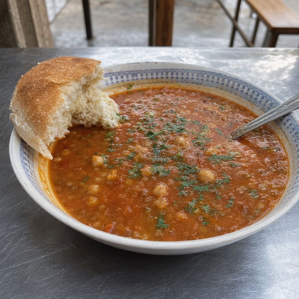 Gros plan sur un bol de harira aux lentilles et pois chiches, morceau de pain posé sur le bord.