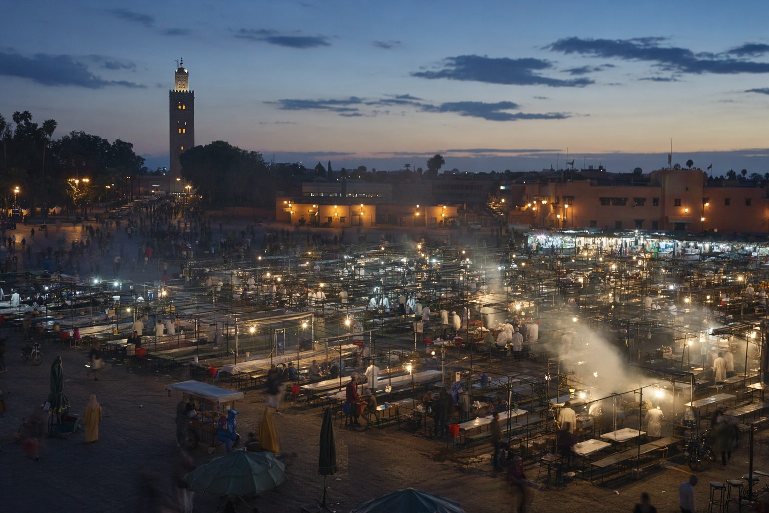 Place Jemaa el-Fna à la tombée du soir, étals en cours d'installation, fumée des grills et minaret en silhouette.
