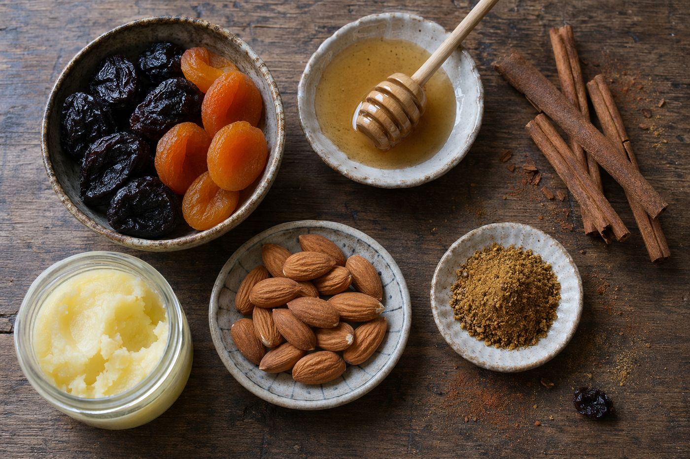 Pruneaux, miel, cannelle, smen, amandes grillées et ras el hanout disposés sur une table en bois, vus du dessus.