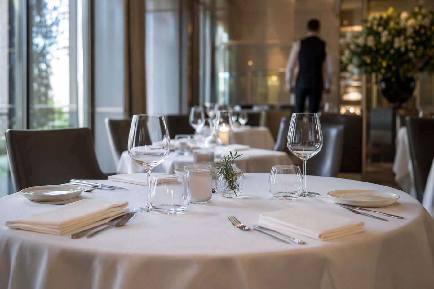 Table gastronomique dressée de linge blanc dans la lumière du matin, avant le service.